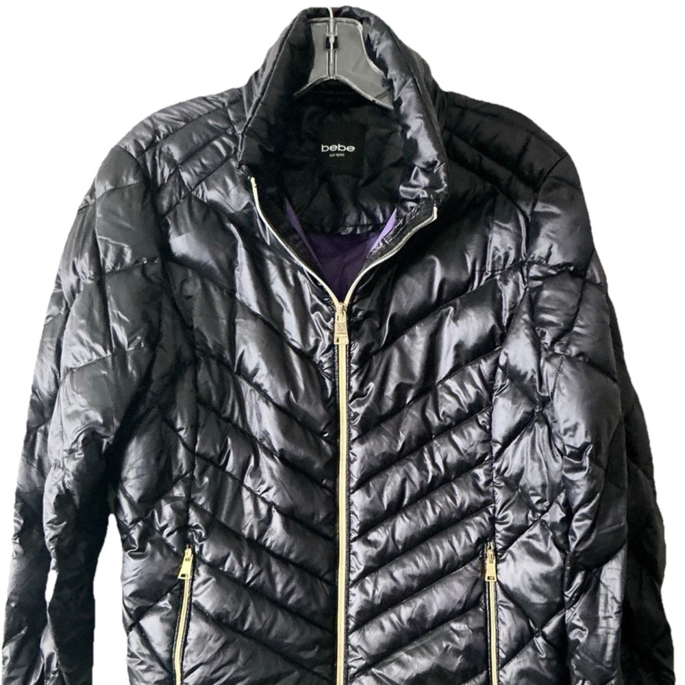 Black Puffer Jacket Full Zip W Hidden Hood Sz Lg - Picture 1 of 6